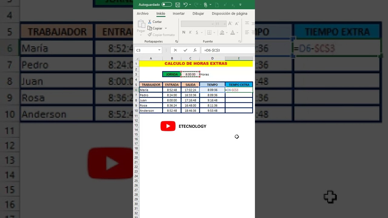 CALCULO DE HORAS EXTRAS EN #excel