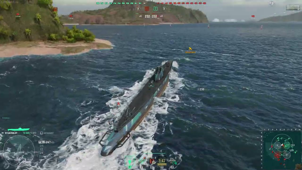 World of Warships Подводная лодка Cachalot торпедирую и топлю корабли