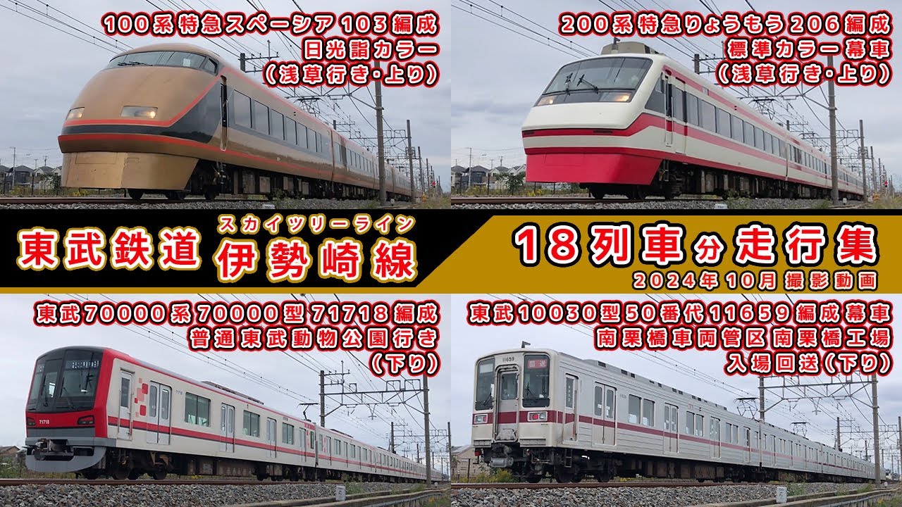 東武スカイツリーライン/伊勢崎線走行集【その165】特急スペーシア100系日光詣カラー/特急りょうもう200系/東武10030型50番代11659編成南栗橋工場入場回送 他【鉄道撮影フリー素材247】