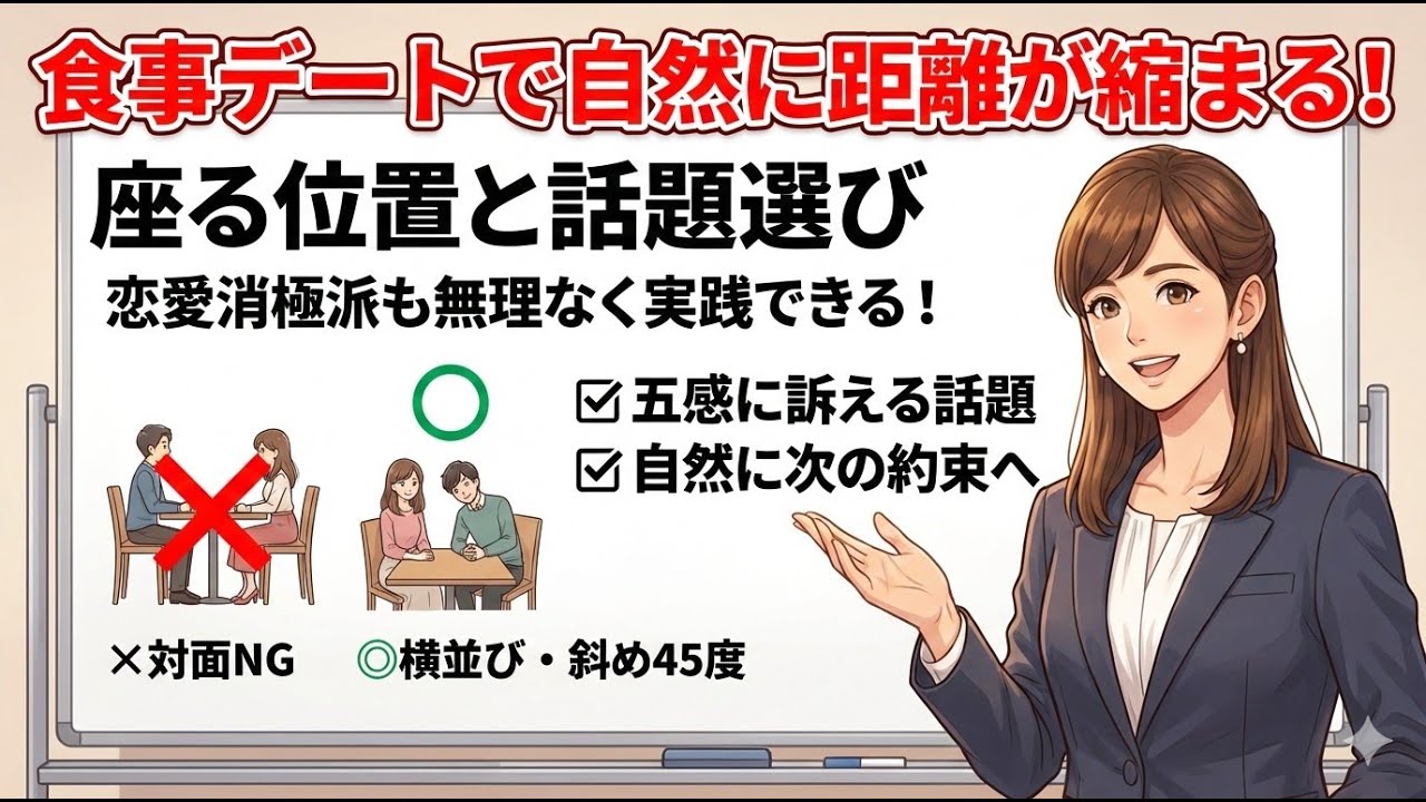 【99%が知らない】食事デートで女性が心を開く座り方と禁断の話題選び｜恋愛経験少なくてもOK