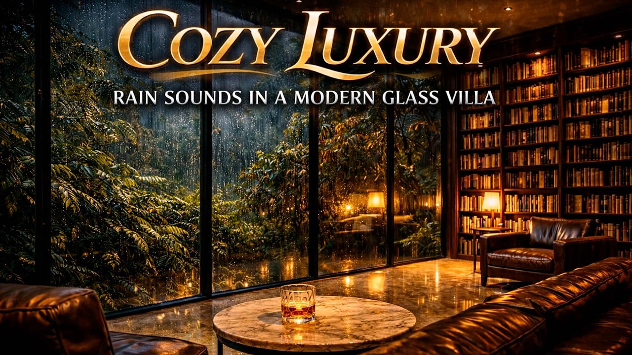 Cozy Luxury: Rain Sounds in a Modern Glass Villa  /  Luxury Greenhouse Library