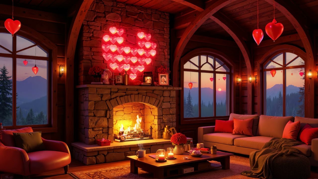 Dreamy Valentine’s Pink Porch 💕❄️🔥Soft Piano for Love & Stress Relief | Cozy Fireplace Ambience