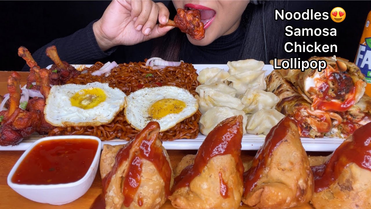 ASMR:SPICY* NOODLES,SAMOSA,CHICKEN LOLLIPOP,MOMO,EGG ROLL *FOOD EATING *