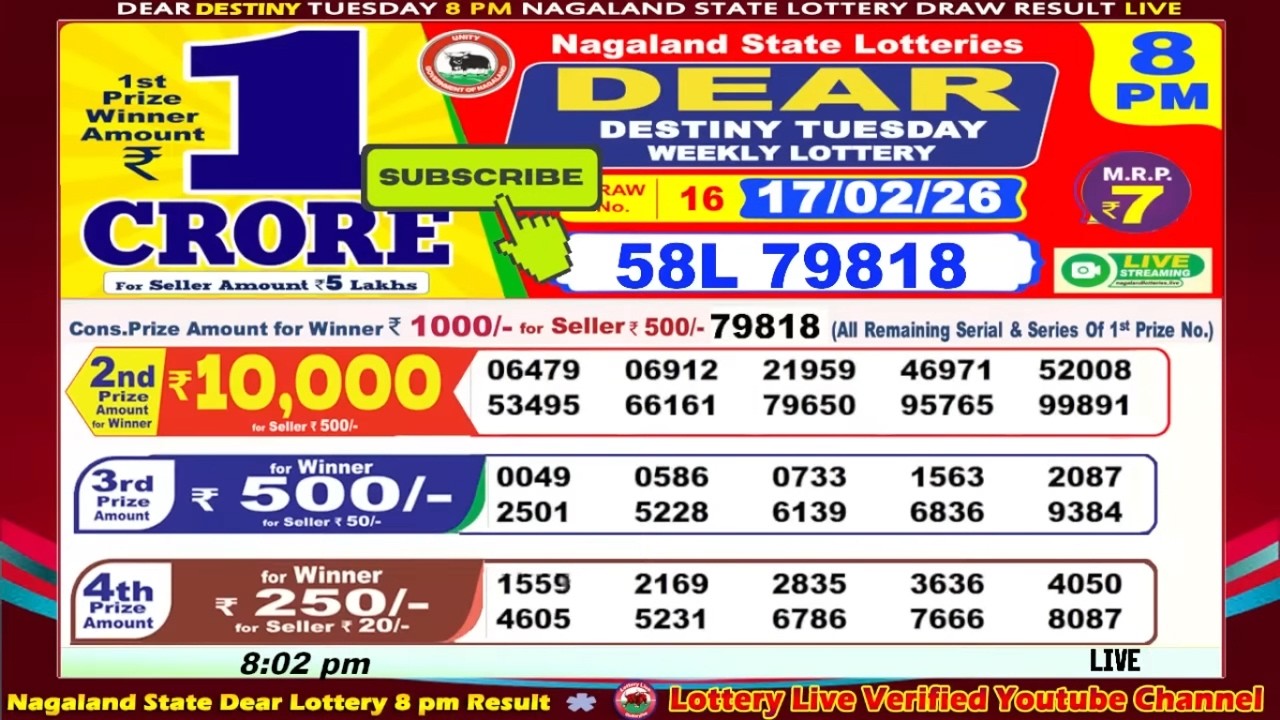 Dear destiny tuesday weekly lottery 8:00 PM Date of live draw results 17.02.2026