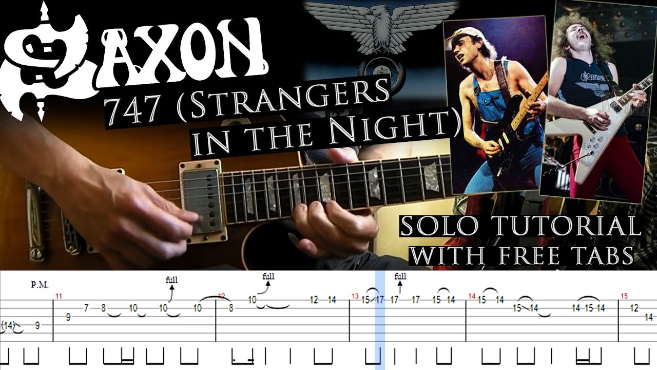 Saxon - 747 (Strangers in the Night) guitar solos lesson (with tablatures and backing tracks)