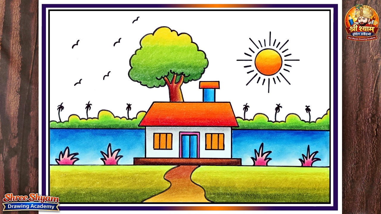 How to Draw Beautiful Village Scenery with House, River, Trees | Easy Drawing Tutorial