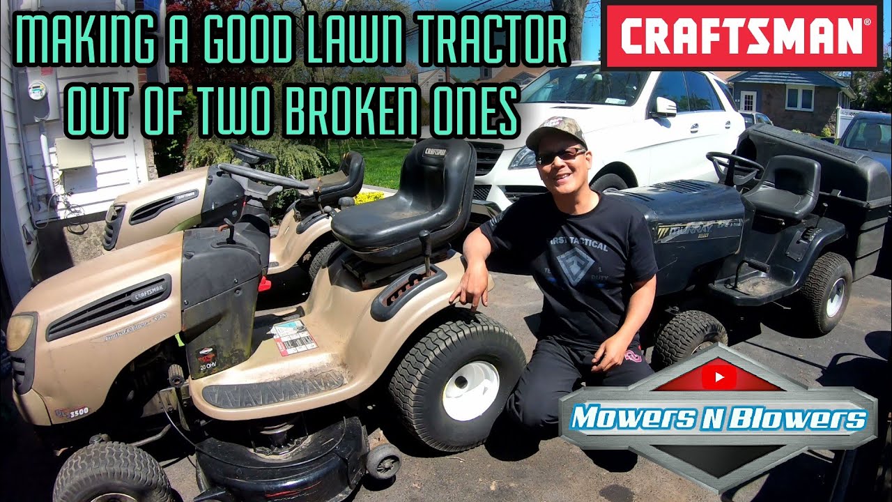 MAKING A GOOD LAWN TRACTOR OUT OF 2 BROKEN ONES CRAFTSMAN 20HP DLS3500 MOWER DECK WHEELS SWAP LIGHTS