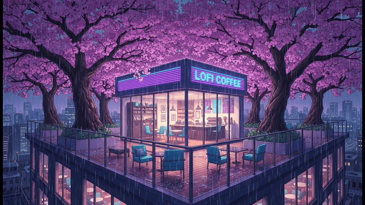 Soft Rain Lofi Study Beats for Focus 🌸 Neon Sakura Rooftop Coffee at Night ☕