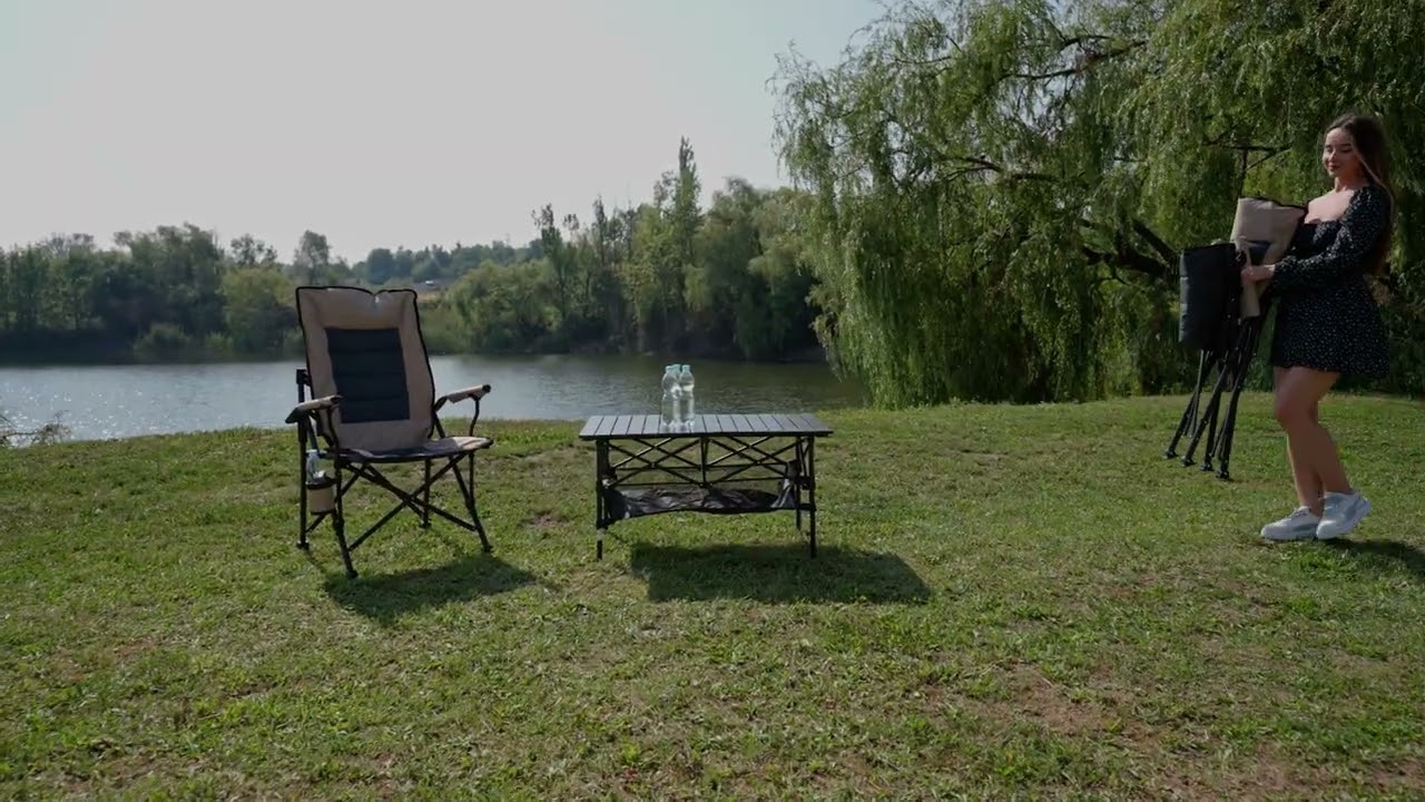 SKŁADANY FOTEL TURYSTYCZNY Z WENTYLOWANYM OPARCIEM SZARO-BEŻOWY / FOLDABLE TOURIST CHAIR GREY-BEIGE