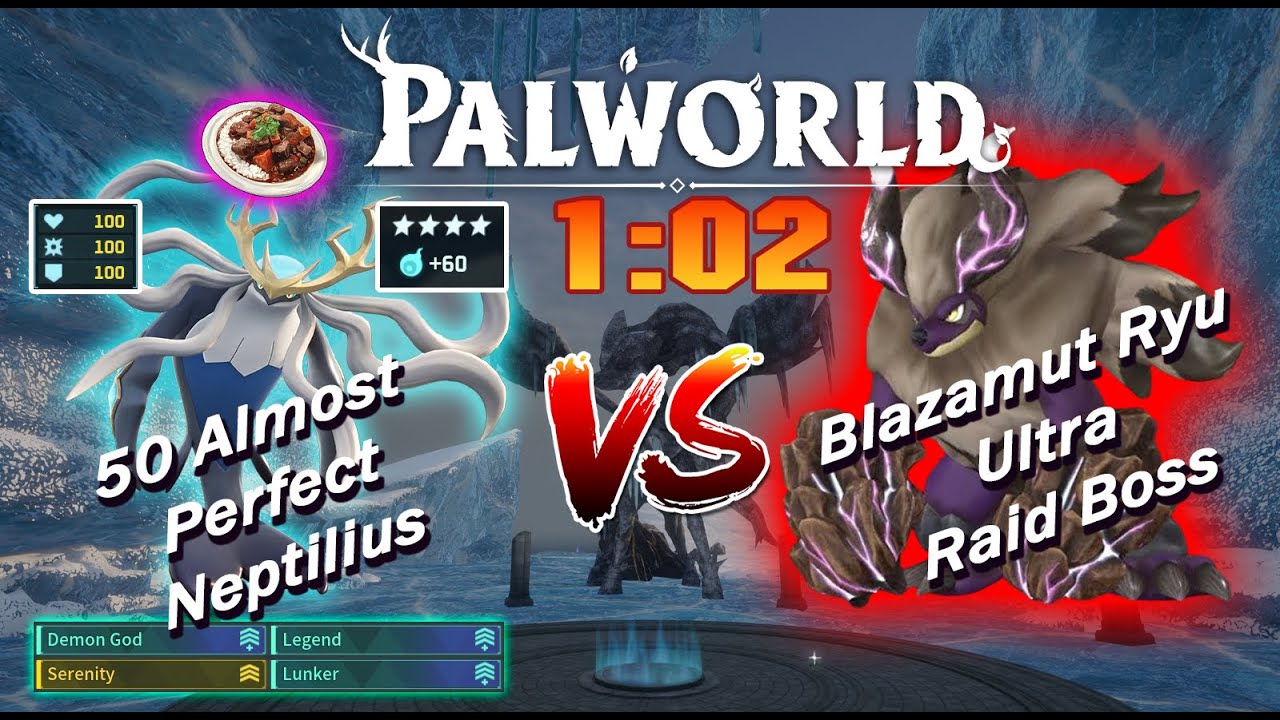 Palworld: 50 Almost Perfect Neptilius vs Blazamut Ryu Ultra in 62 seconds