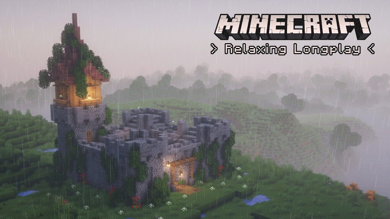Minecraft Relaxing Longplay | Rainy Riverside - Tiny Castle Base | No Commentary