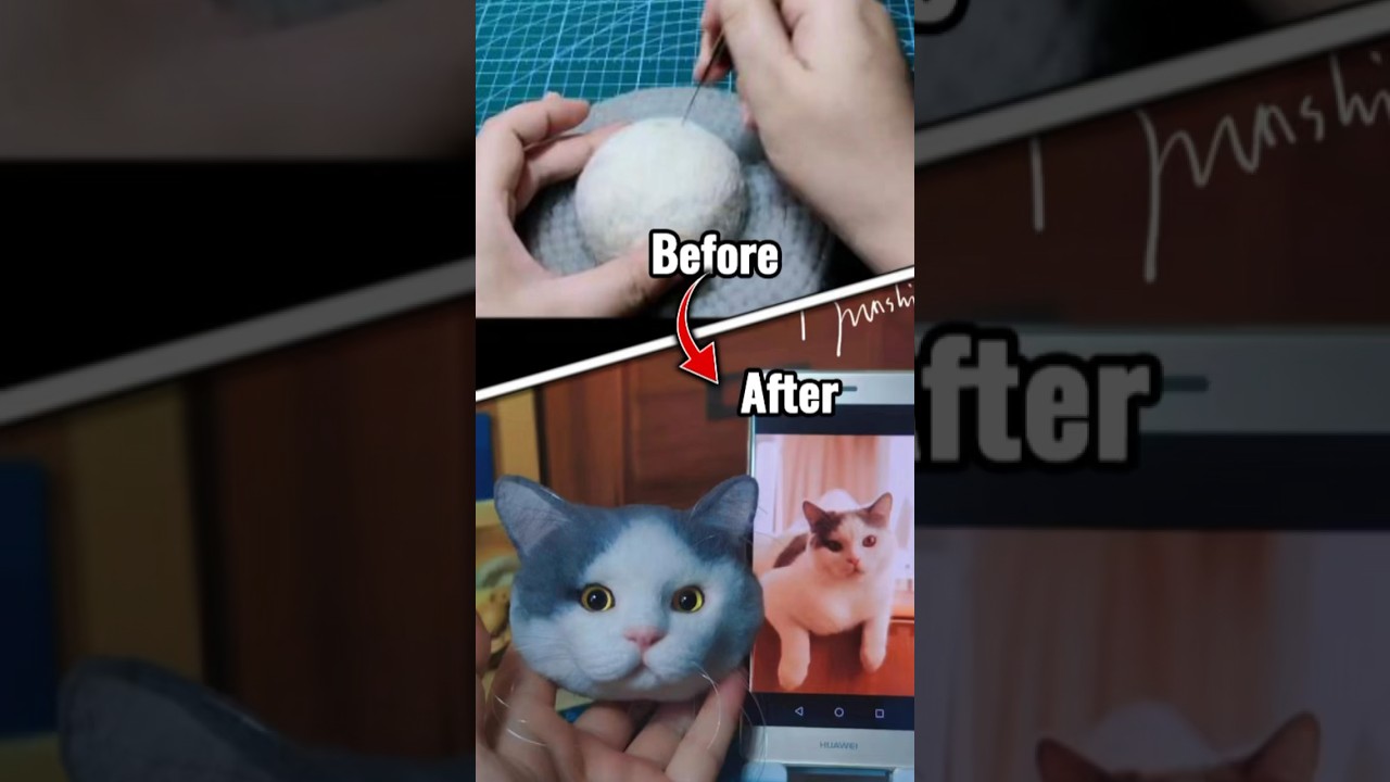 Making wool felt cat portraits 