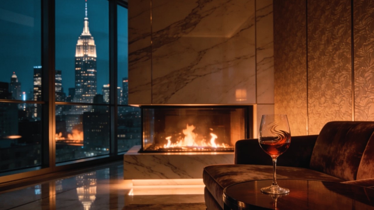 Sophisticated Lounge Jazz | Fireplace Ambience & City Skyline Jazz Music