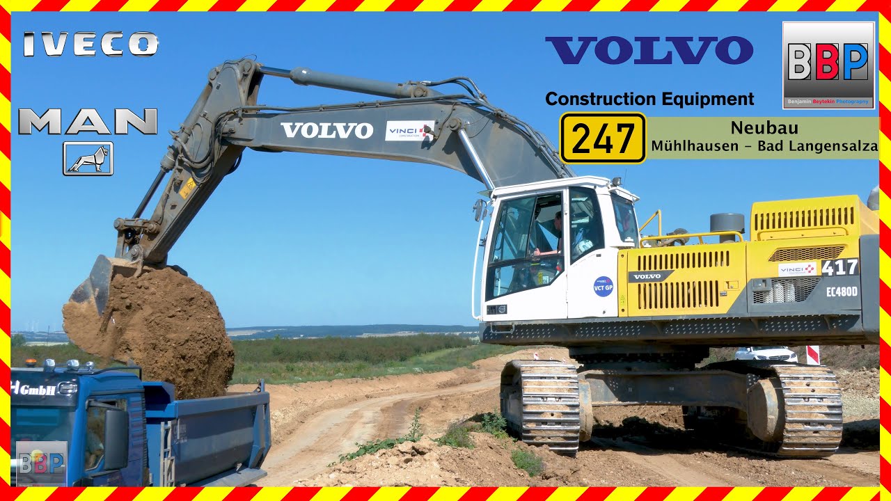 Volvo EC480D & IVECO, MAN Kipper, B 247 Mühlhausen/Thür. 07.07.2023.