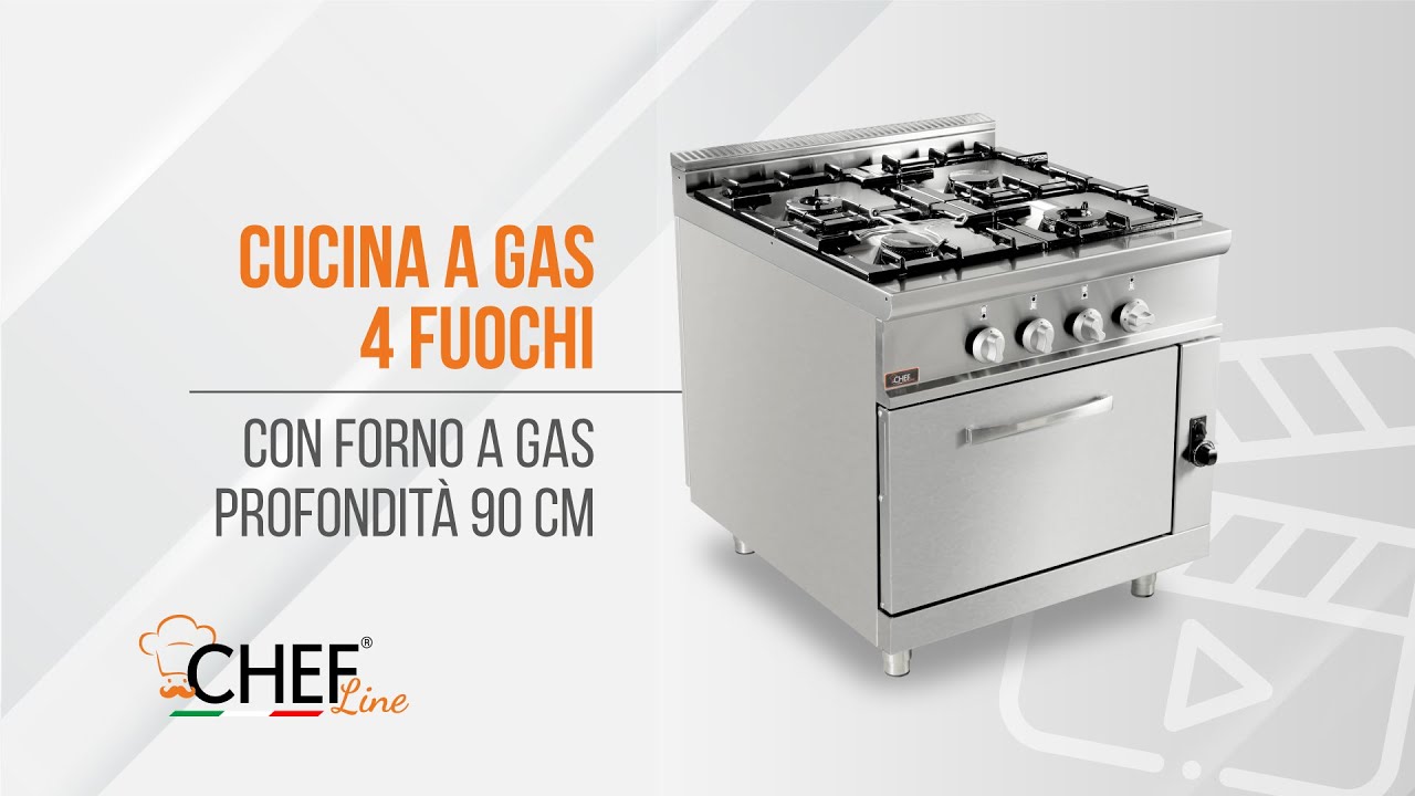 Cucina A Gas Professionale 4 Fuochi + Forno Gas Profondit&agrave; 90 cm 20GX9F4+FG - Chefline