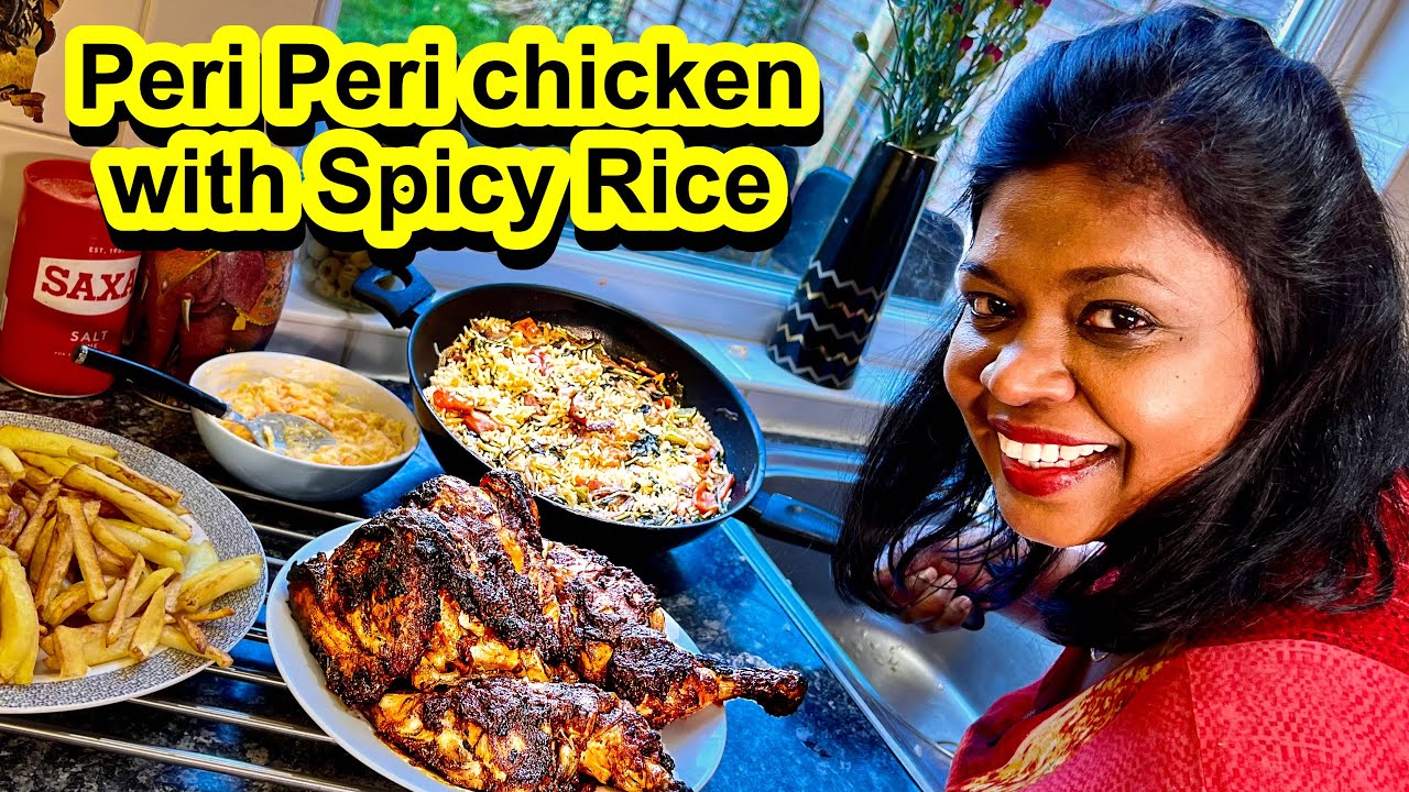🐓பொறிச்ச பெரிபெரி முழு கோழியும் கார சோறும்/Peri Peri chicken with spicy African rice