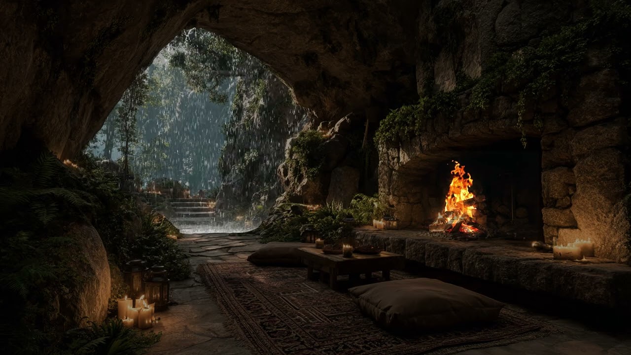 Midnight Rainstorm Echoes in a Hidden Jungle Cave | Deep Thunder & Warm Campfire Glow