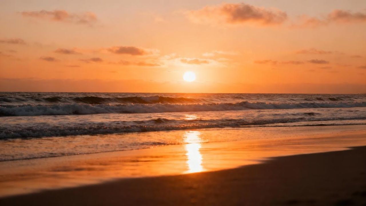 Senja Emas di Tepi Pantai | Ombak Tenang dan Cahaya Matahari