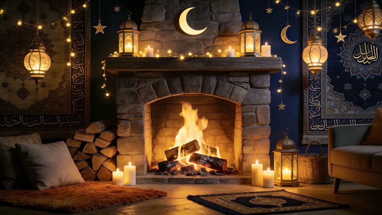 10H Ramadan Fireplace 4K ✨ أجواء رمضان | Peaceful Lantern Glow & Fire Sounds (No Music)