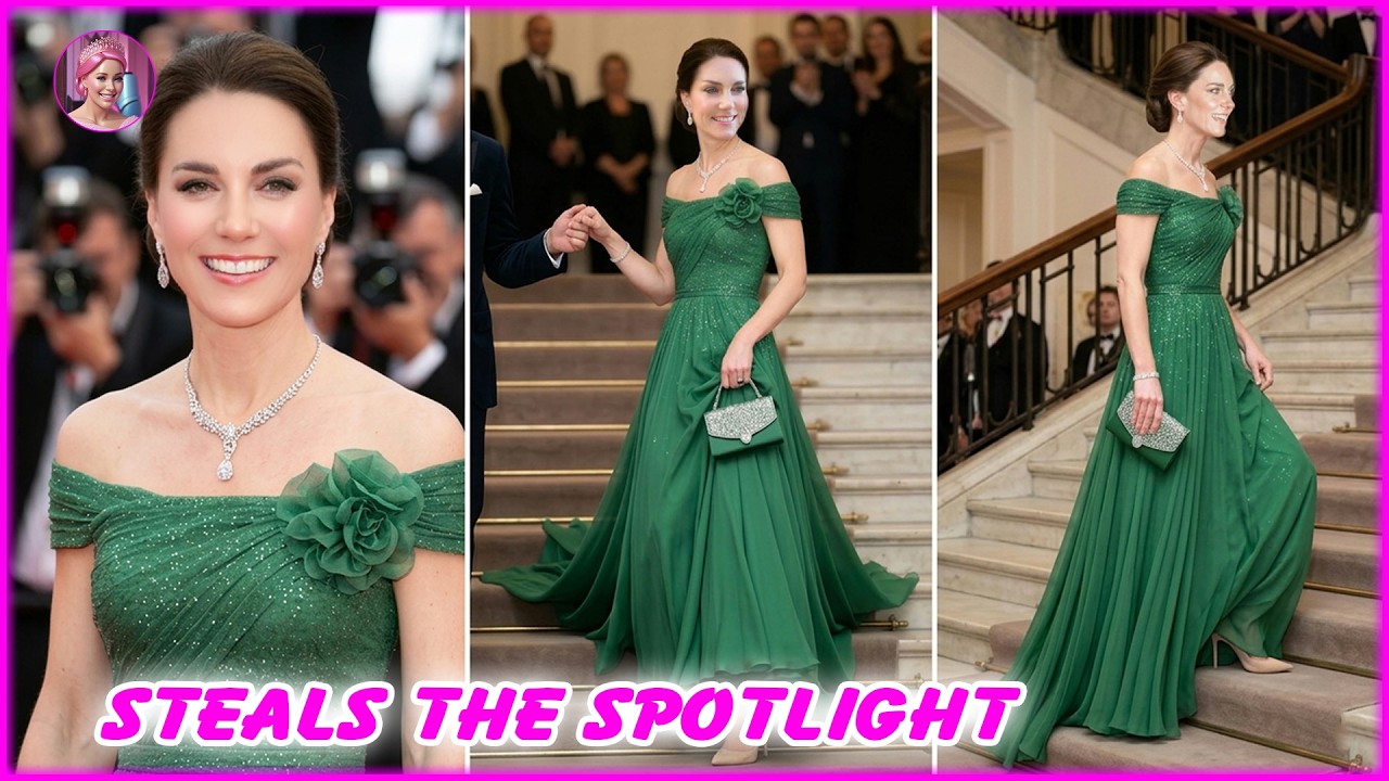 Catherine Dazzles in GREEN OFF-THE-SHOULDER GOWN As She Arrived at Flower Show with William