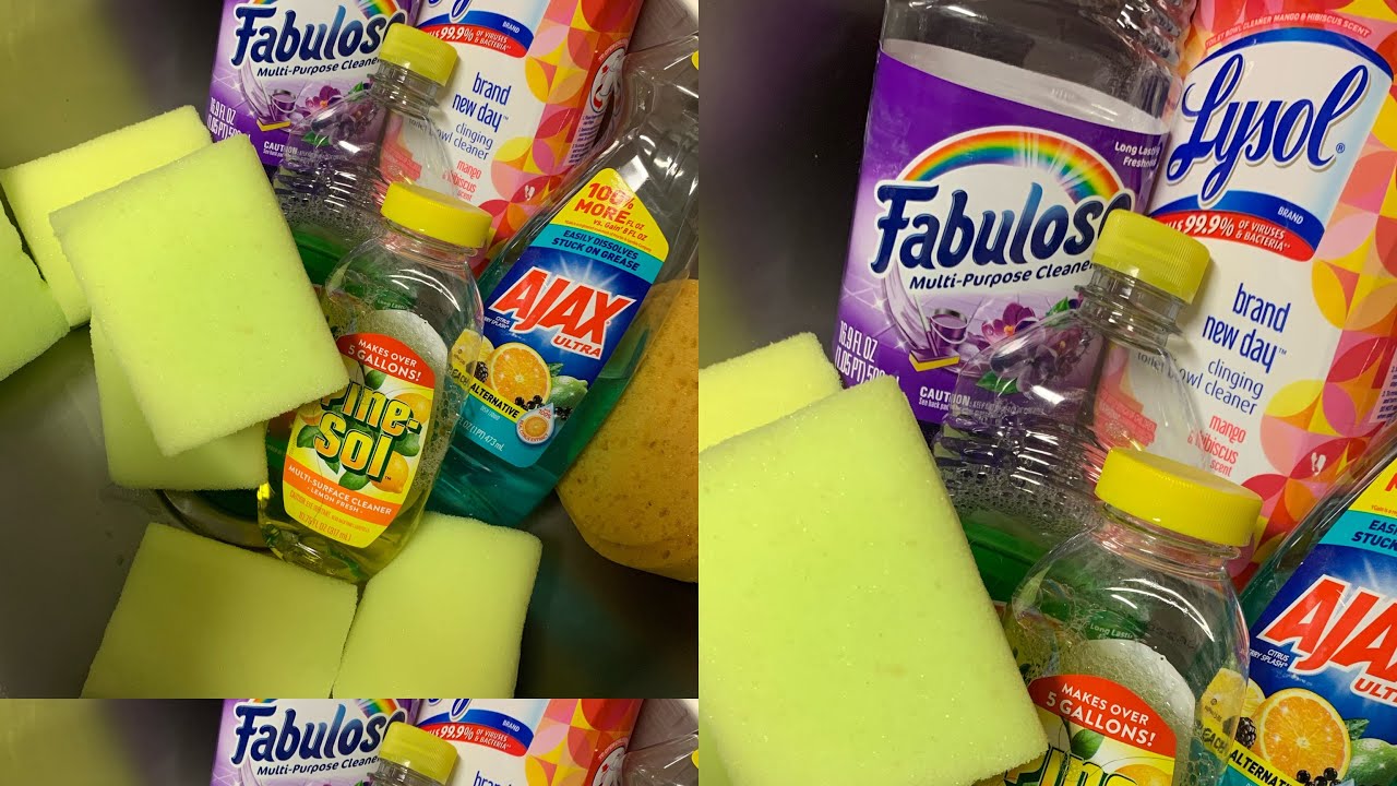 Asmr sponge play🧽 , with lysol, fabuloso,￼ pine-sol, and Ajax 🧼🍋.