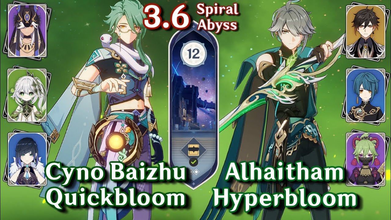 C0 Baizhu Cyno Quickbloom & C0 Alhaitham Hyperbloom | Spiral Abyss 3.6 Floor 12 9⭐| Genshin Impact