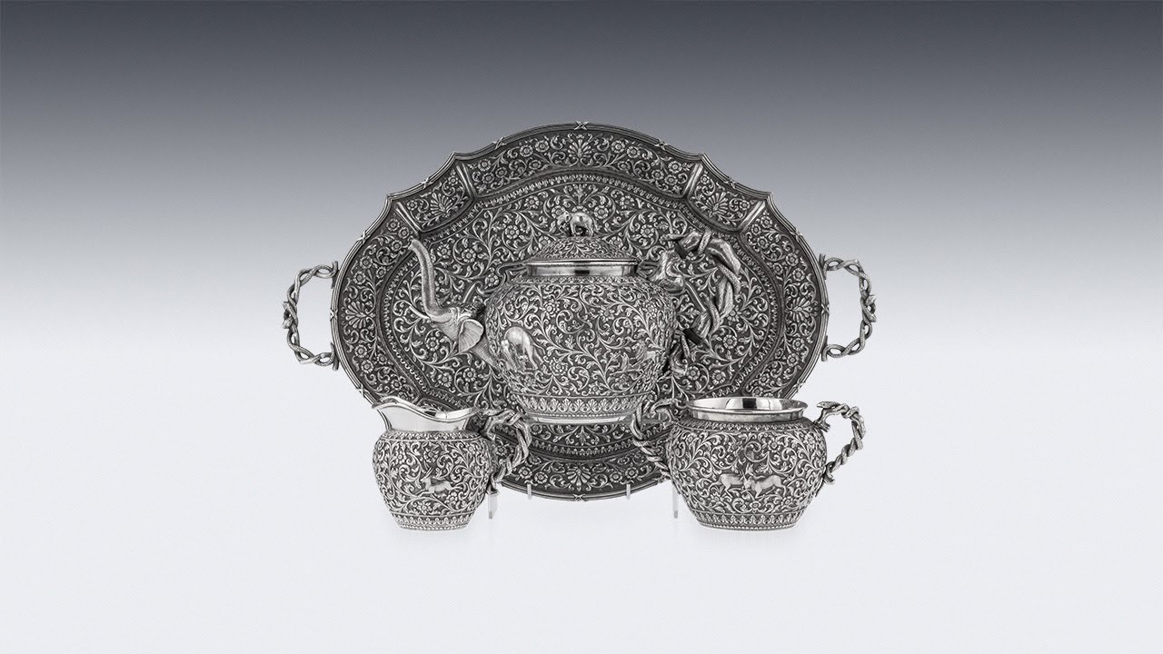 ANTIQUE 19thC INDIAN KUTCH SOLID SILVER TEA SET ON TRAY, OOMERSI MAWJI c 1890 | PUSHKIN ANTIQUES