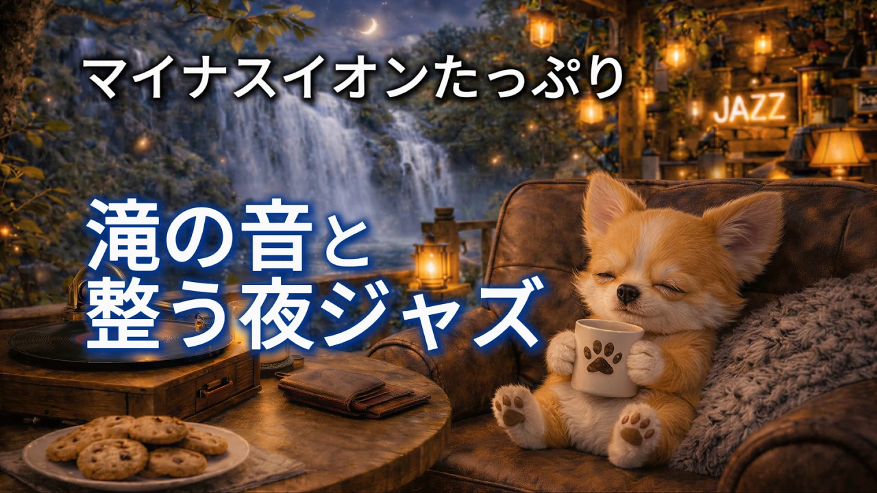 マイナスイオンたっぷり｜滝の音と整う夜ジャズ ☕ Relaxing Waterfall Night Jazz for Sleep & Relax