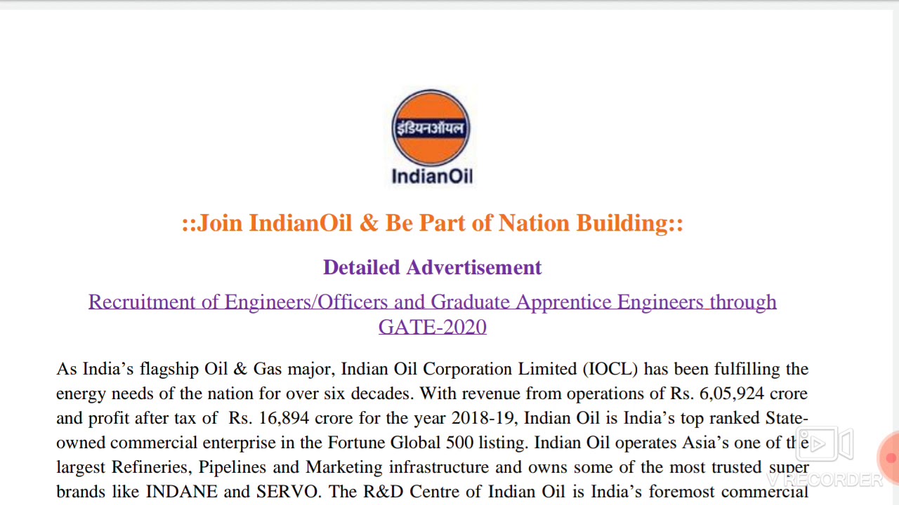 IOCL RECRUITMENT THROUGH GATE - 2020