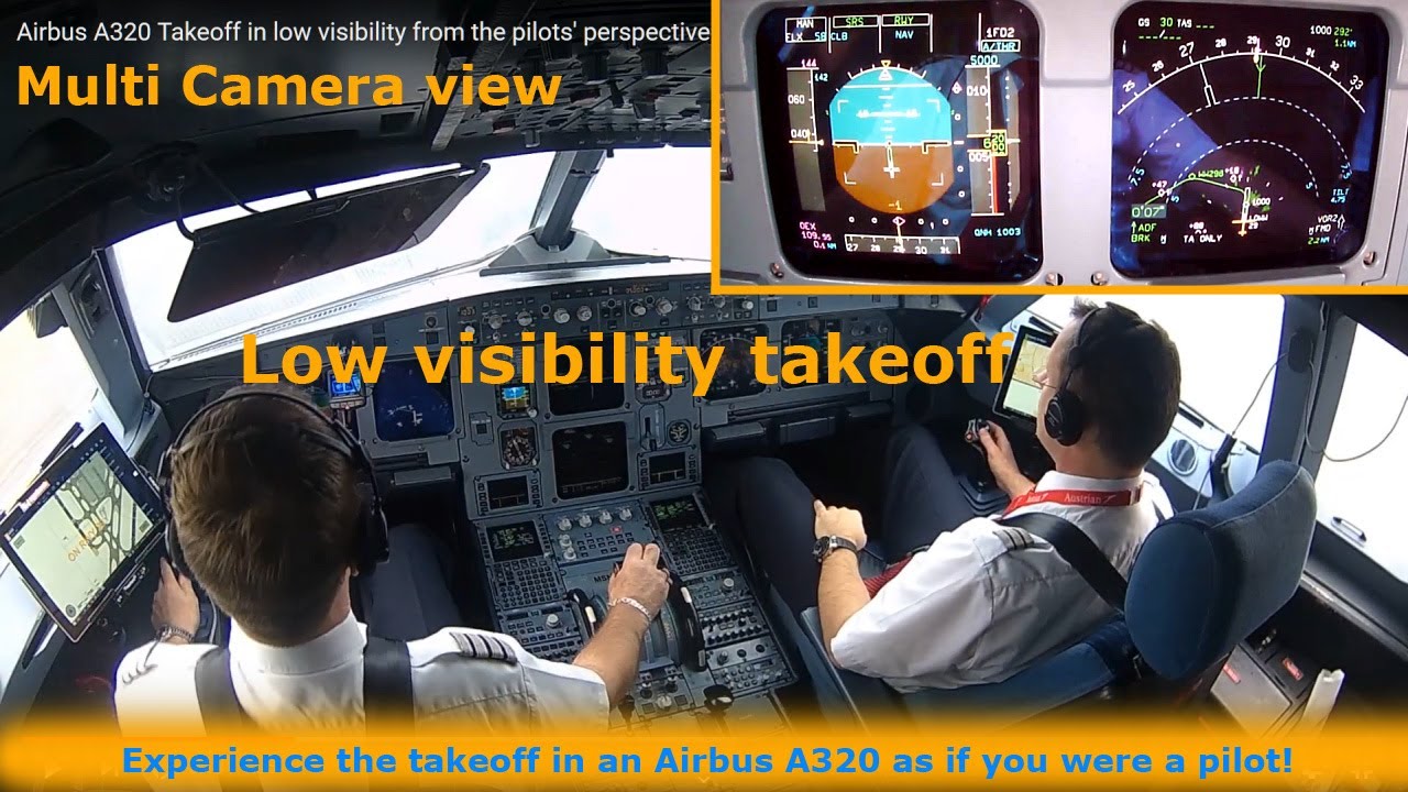 Airbus A320 Takeoff in low visibility from the pilots' perspective [multicamera views]