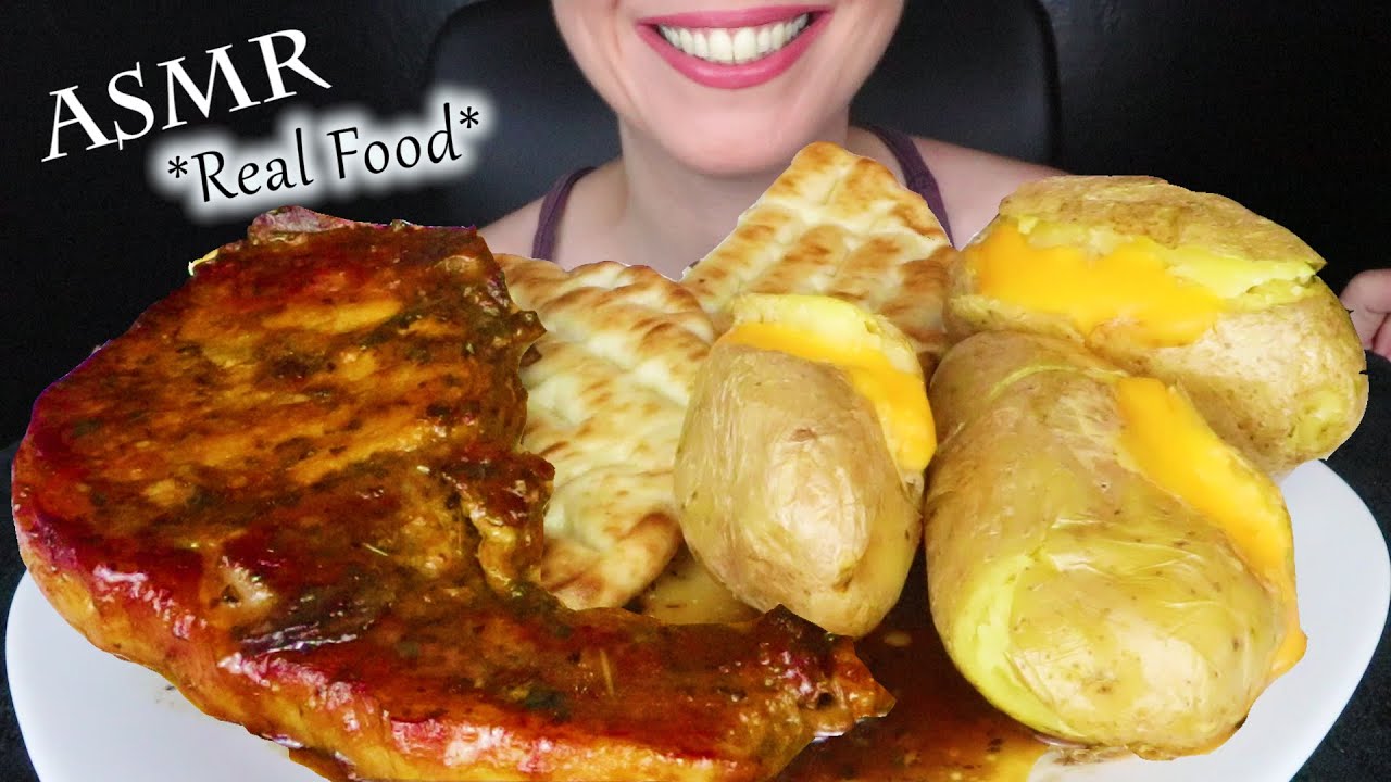 BBQ PORK CHOP STEAK + CHEESY BAKED POTATOES 🥩 | Whispering | ASMR Mukbang  - 먹방 | Eating Sounds