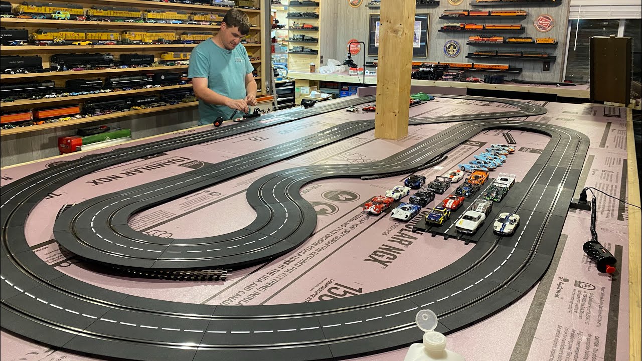 Adding A Slot Car Track to Our Layout, trying Configuration #1, Sunday Night Run Ford Vs Ferrari!