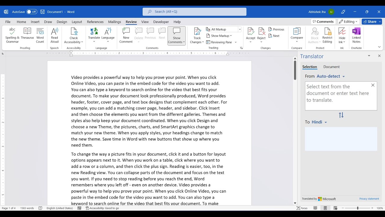 How to translate any language MS Word document to other language document on windows.