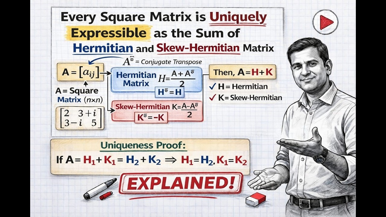 Every Square Matrix can be uniquely expressible as sum of Hermitian and Skew Hermitian Matrix