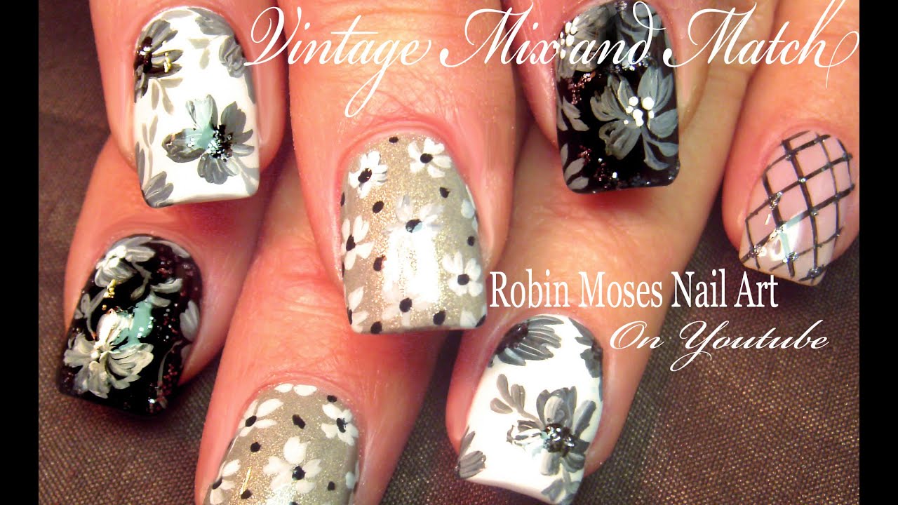 Vintage Grey Mix & Match | 5 Black White and Gray Flower Nail Art Designs