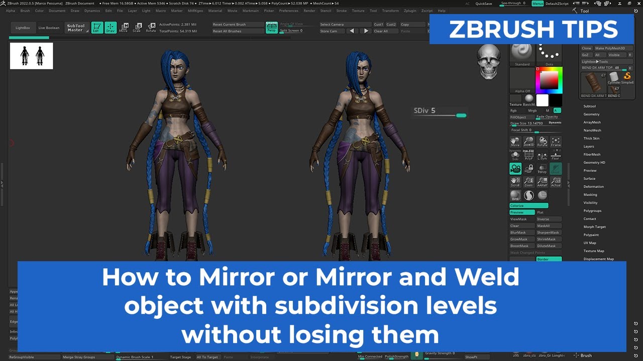 How to mirror mesh with subdivision levels without losing them in zbrush