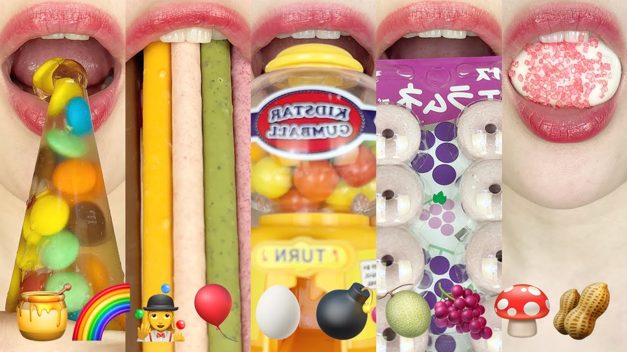 asmr EMOJI FOOD 🍯🌈🤹‍♀️🎈🥚💣🍈🍇🍄🥜 이모지 먹방 eating sounds