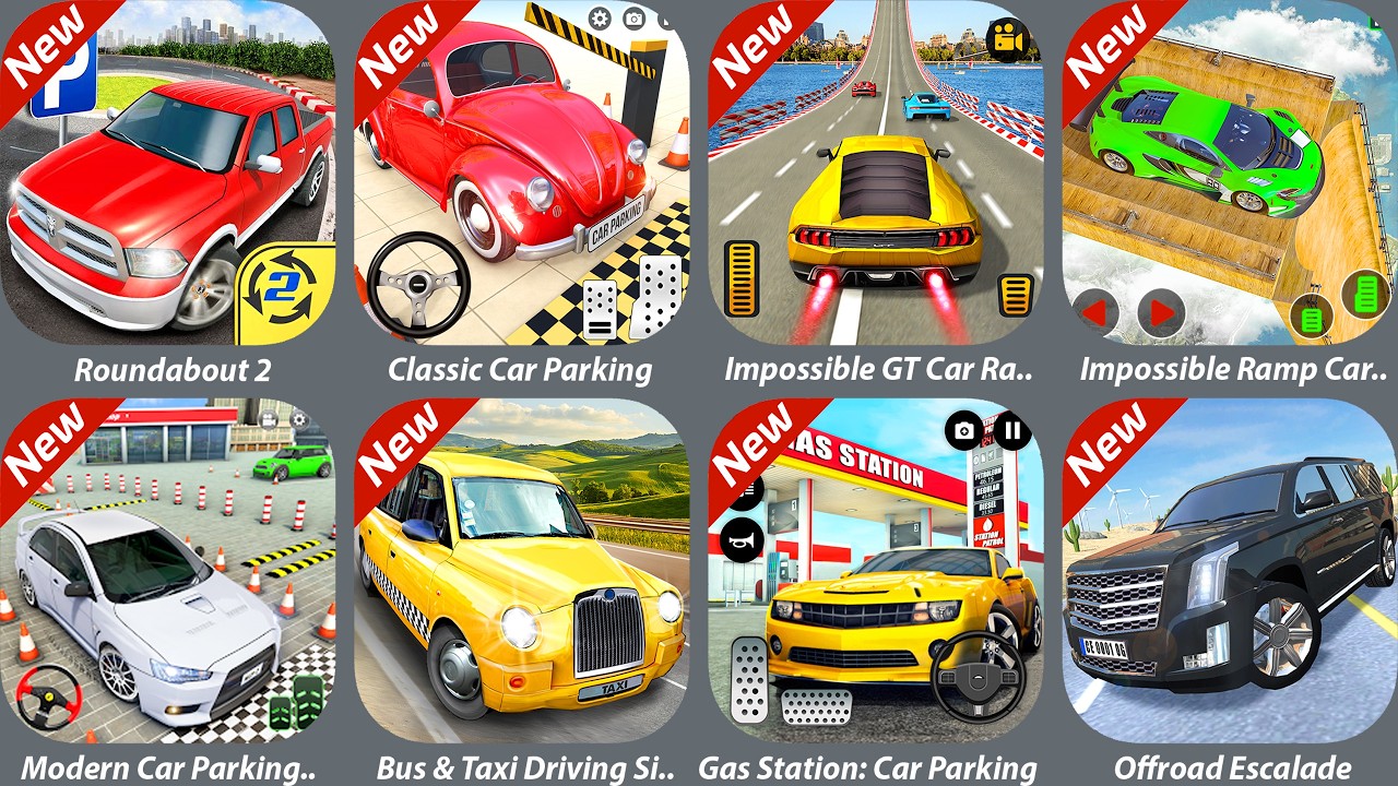 Impossible GT Car Racing Stunt,Roundabout 2,Classic Car Parking,Gas Station: Car Parking,Bus & Taxi