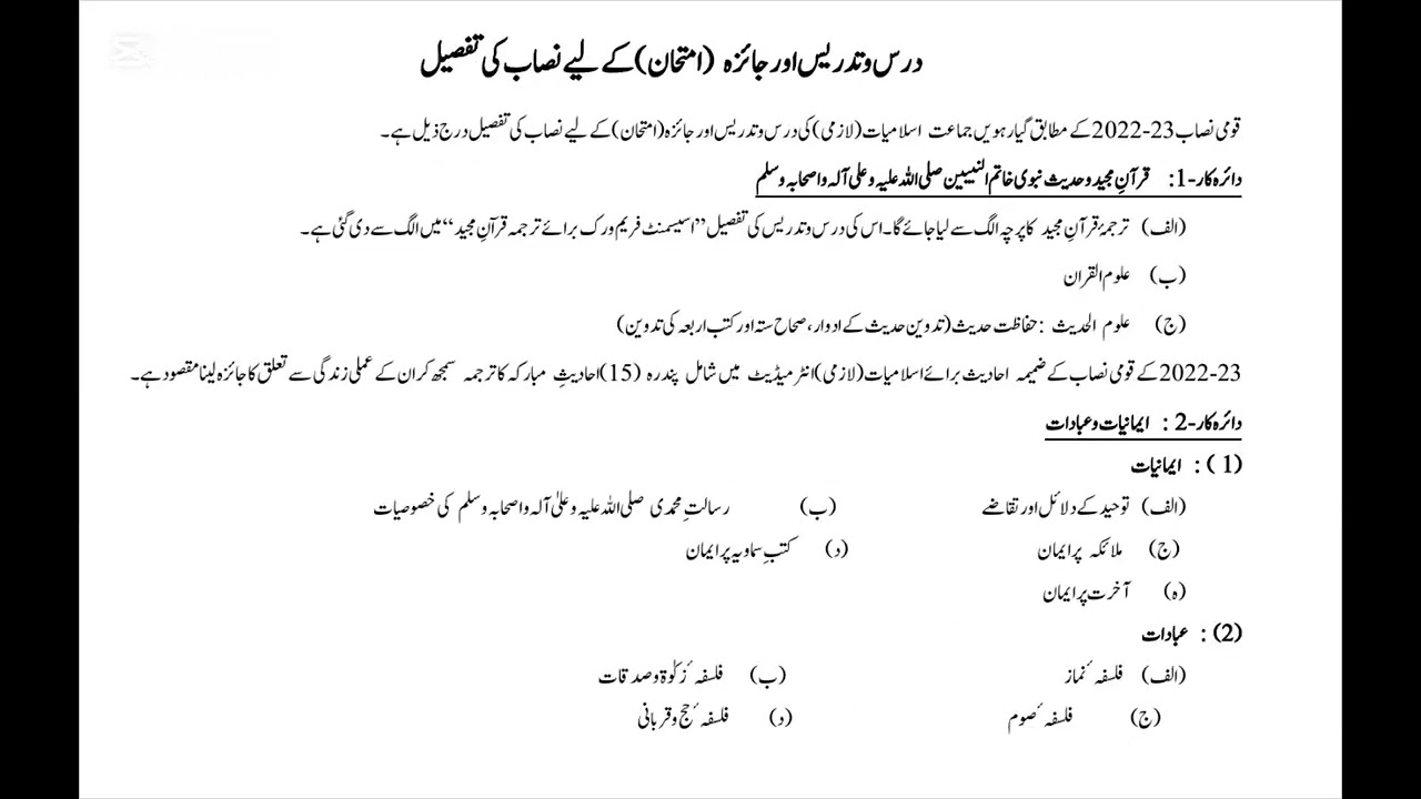 Fbise 11th Class (HSSC-1) Islamiat Paper Pattern (2025-2026) Instructions