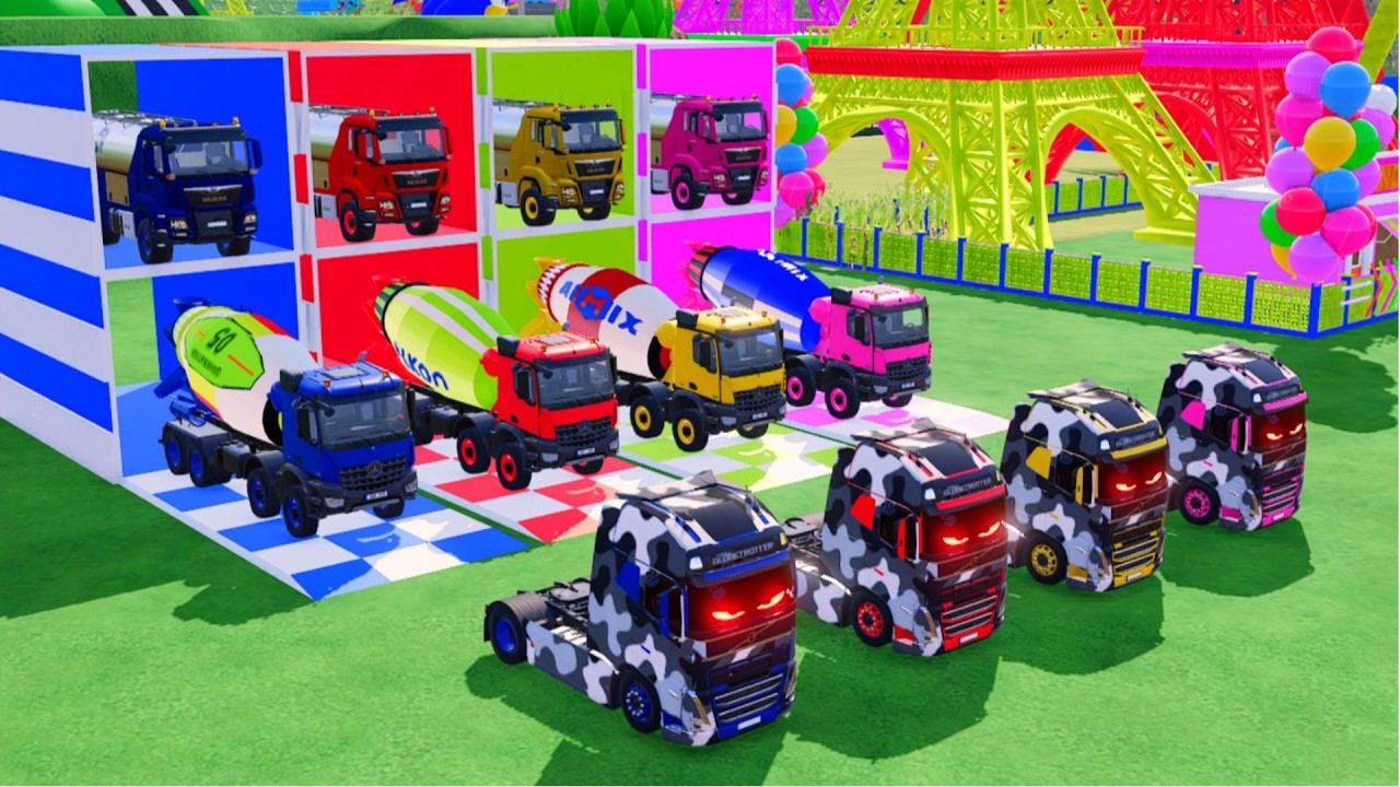 TRANSPORTING ALL THE COLORFUL MIXER TRUCKS,MILK TANK TRUCKS, WITH EYED VOLVO TRUCKS TO THE GARAGE