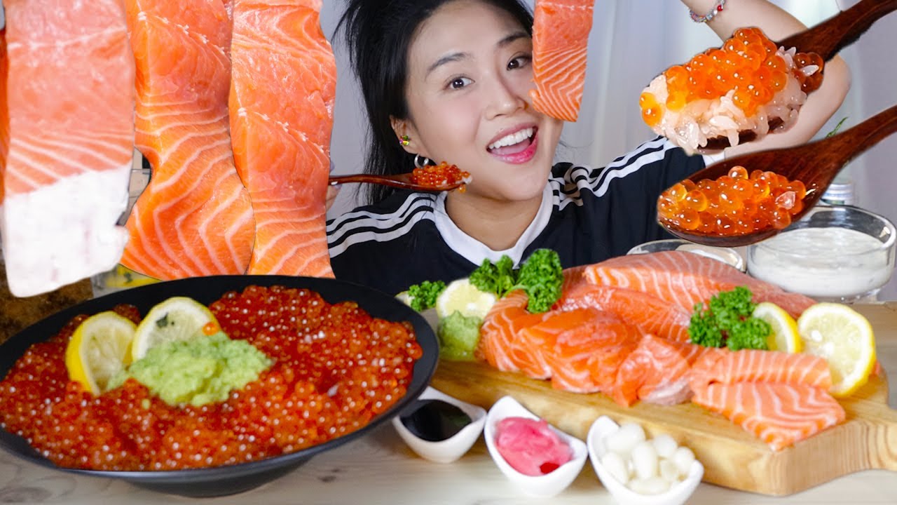 MUKBANG) 연어&연어알 1.5kg 먹방🧡🐟 연어회 Salmon Sashimi & Salmon Roe asmr real sound eating