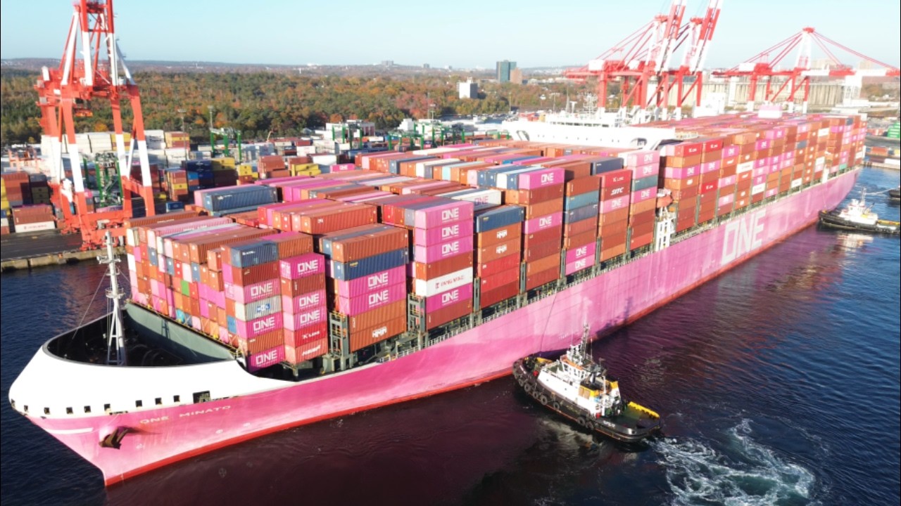 Awesome Aerial 4K View! Very Large Container Ship ONE MINATO Arriving into Halifax, Nova Scotia