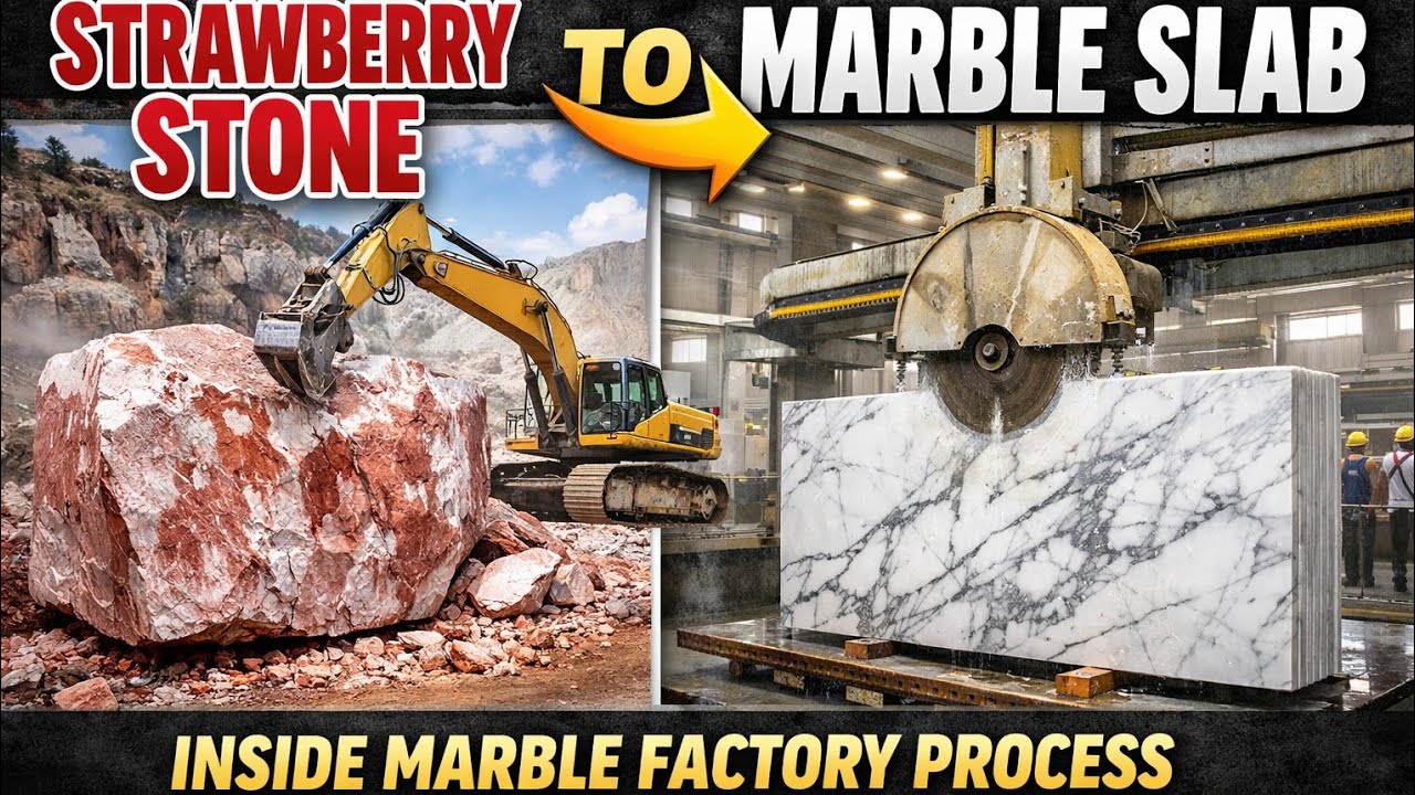 Giant Strawberry Stone Cutting and Marble Slab Making Process