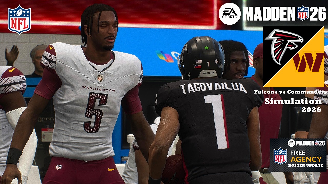 Madden 26 Tua Tagovailoa Falcons vs Jayden Daniels Commanders - Updated Roster Sim 2026 Game Play