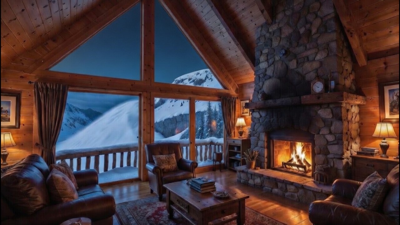 🔥 Cozy Fireplace in a Mountain Cabin During a Blizzard | Snowstorm Ambience for Deep Sleep