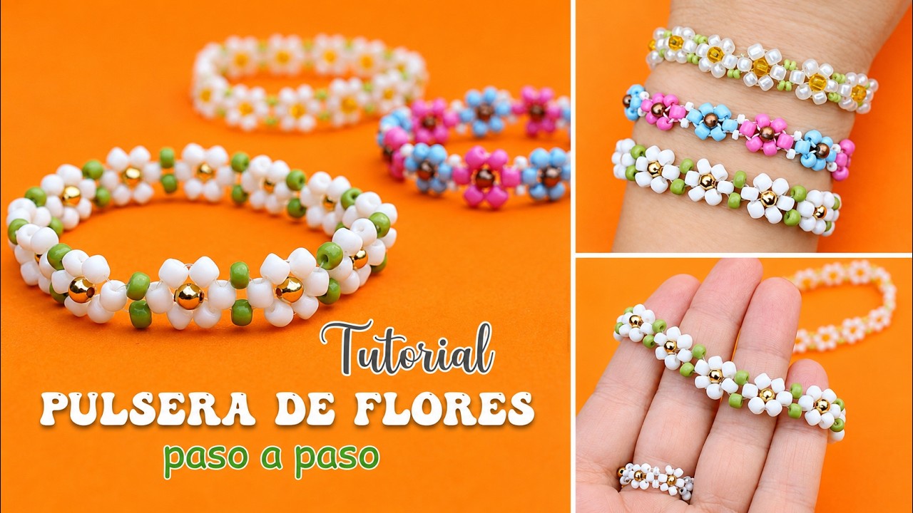 PULSERA DE FLORES CON MOSTACILLAS / CHAQUIRAS🌼 como hacer paso a paso🌼