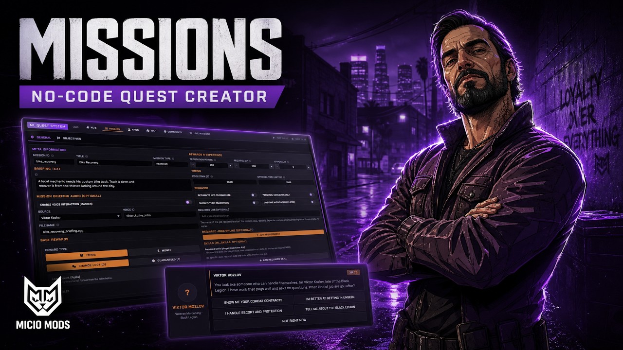 FiveM Script | Quests System: Modular Mission Creator | [MICIO MODS] | ESX, QBCORE, QBOX