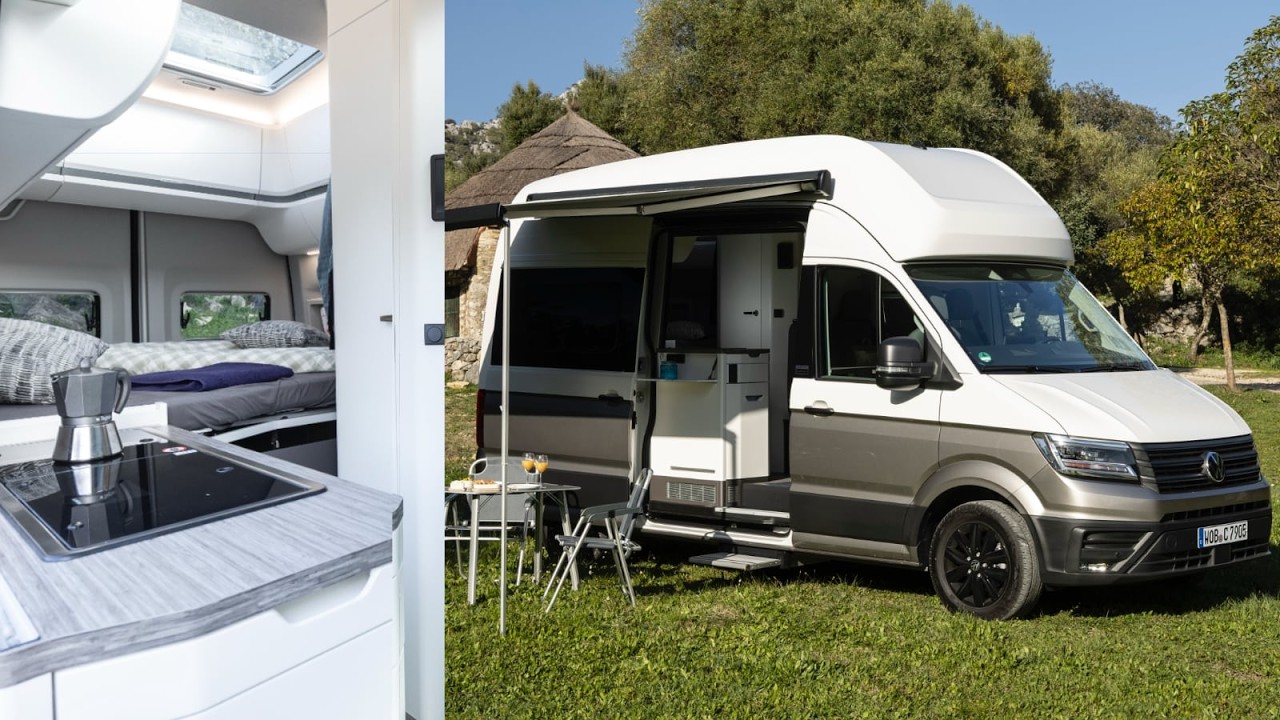 Новый Volkswagen Grand California 2026 600 — интерьер, спальное место, ванная комната и водительс...