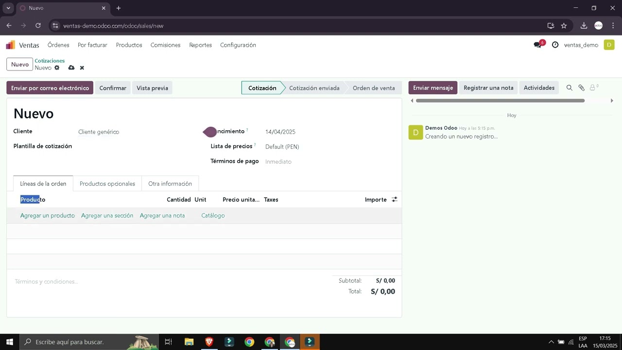 Odoo creación de cotizaciones, ordenes de venta y facturas
