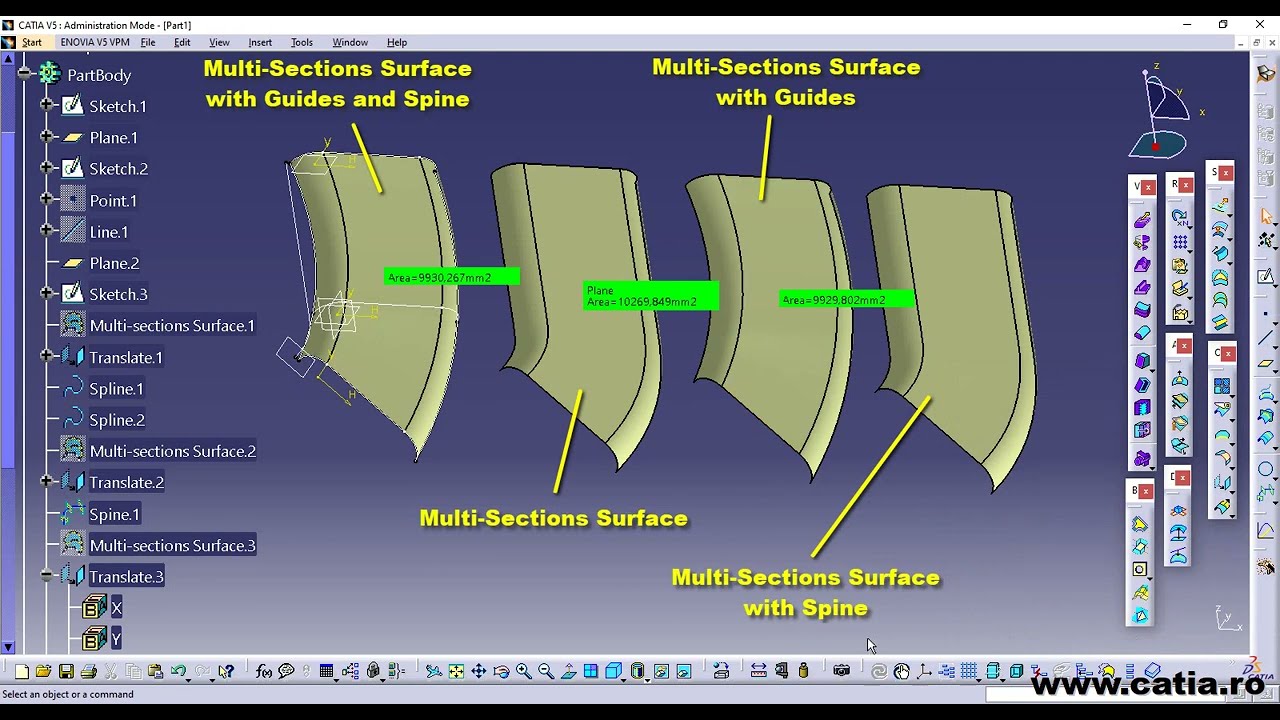 CATIA v5 Comparing different Multi Sections Surfaces with Guides and Spines